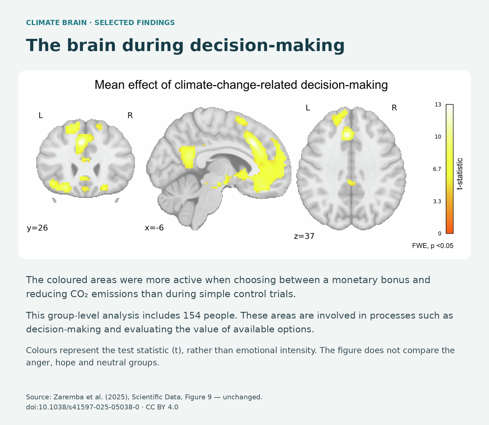 Brain areas more active during choices between money and CO₂ reduction than during control trials; group-level analysis of 154 participants.