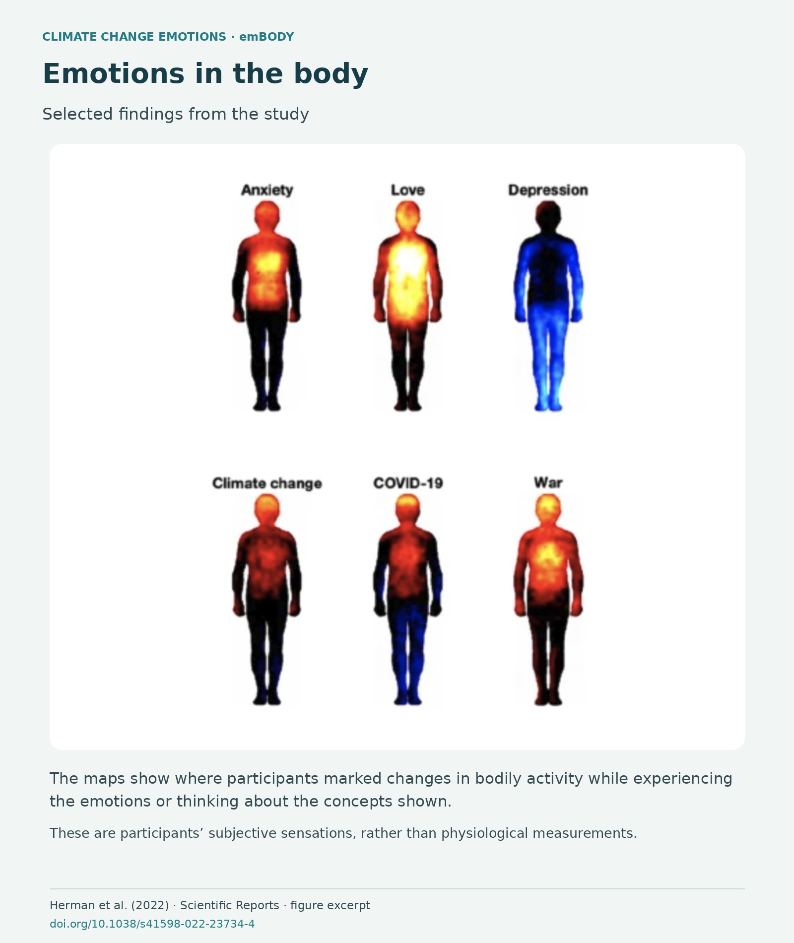 Selected bodily maps for anxiety, love, depression, climate change, COVID-19 and war, with an English explanation.